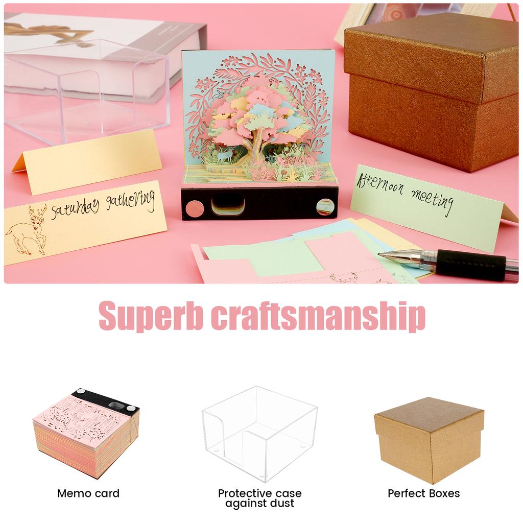 Creative Forest 3D Memo Pad with Pen Holder Acrylic Cover Tear-Away DIY Note Pad Paper Carving Art for Desktop Decoration Gift