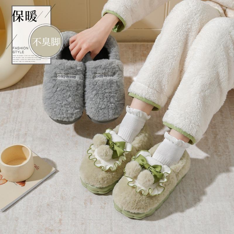 Heel cotton slippers winter bow indoor home non-slip piled thickened bottom fluffy cotton shoes