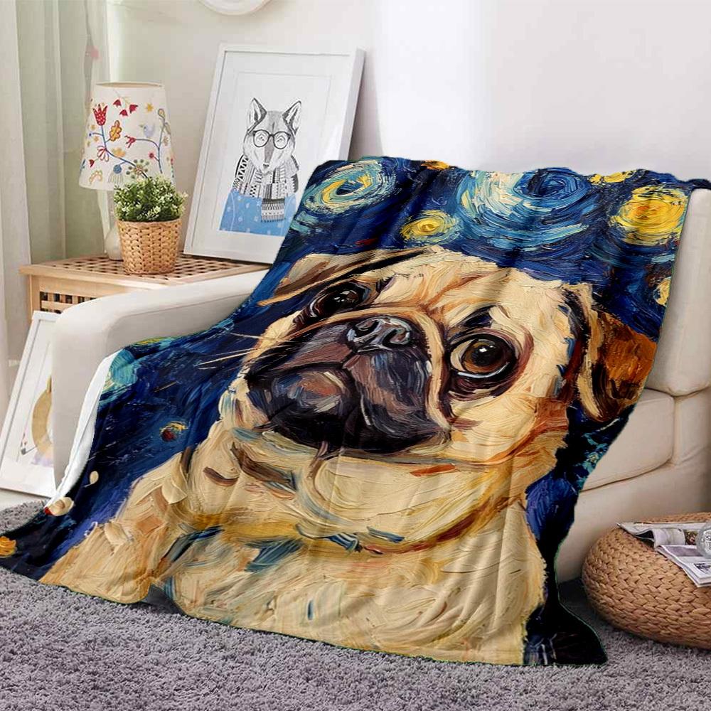 1pc Pug Art Print Blanket Lightweight Flannel Blanket Throw Blanket For Sofa, Bed, Travel, Camping, Livingroom, Couch, Chair, And Bed yy2509026191