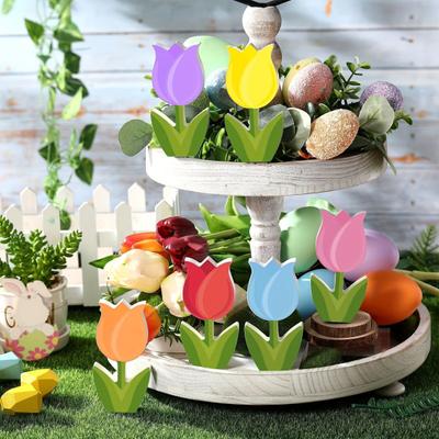 6-teiliges Tulpen-Dekor aus Holz, rustikales Tulpenblock-Set im Stehen, realistisch aussehende, lebendige Farbe, glatte Kante, Frühlings-Oster-Tulpen-Dekoration aus Holz
