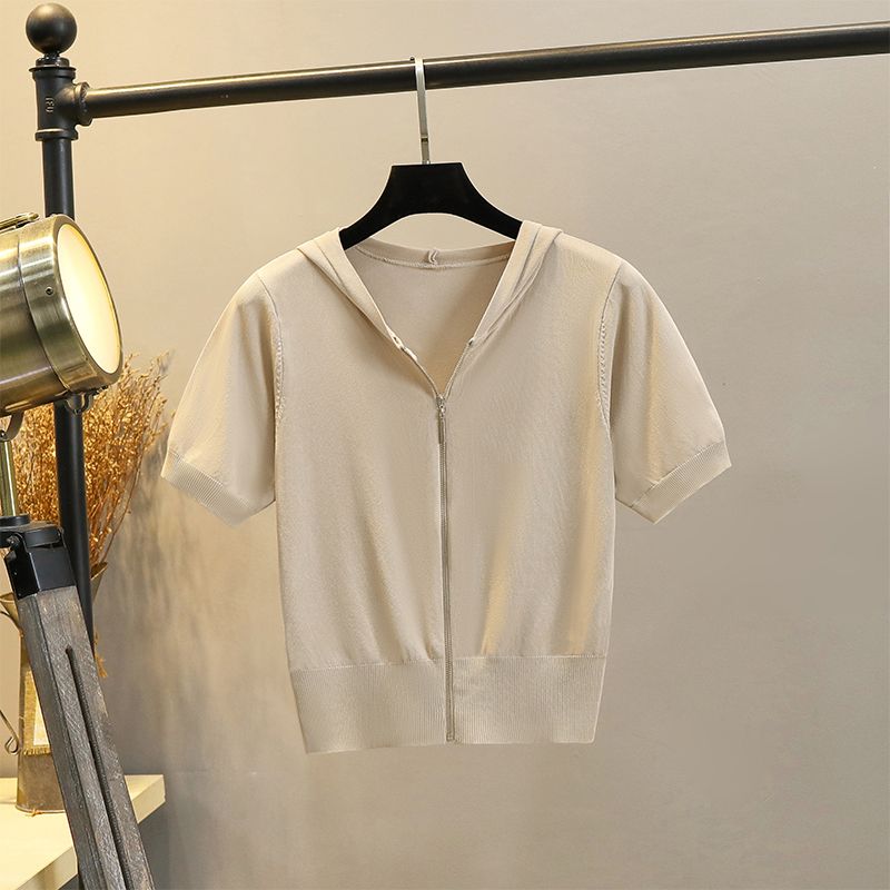 

Кардиган из белой вязаной ткани на молнии с V-образным вырезом, футболка с капюшоном, короткий рукав Khakis L