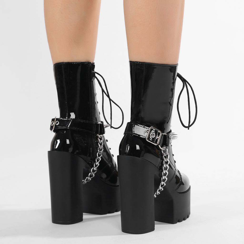 Gdgydh Halloween Punk Platform Boots For Women With Crisscross Straps Chains Rivets High-Heeled Boots For Nightclubs And Stages