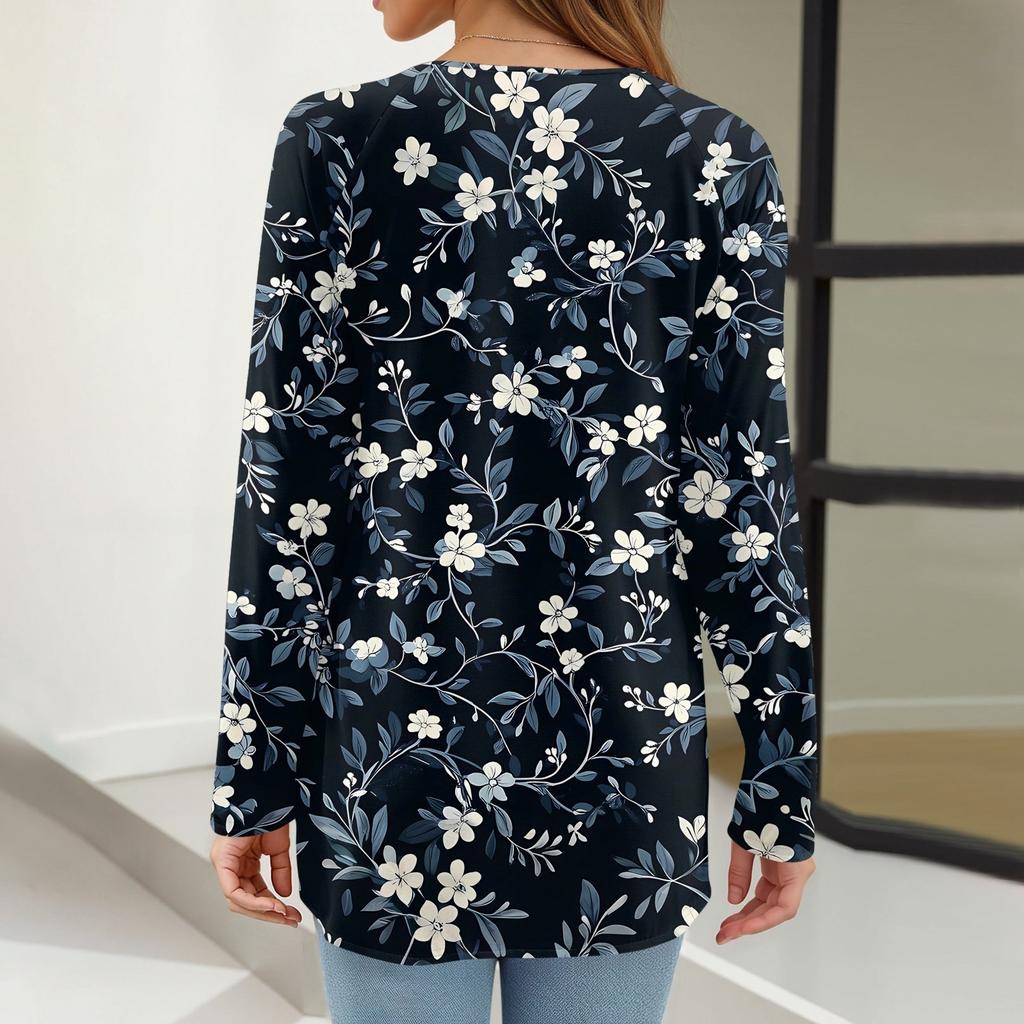 Women's Fashion Casual Long Sleeve Print Round Neck Pullover Top Blouse