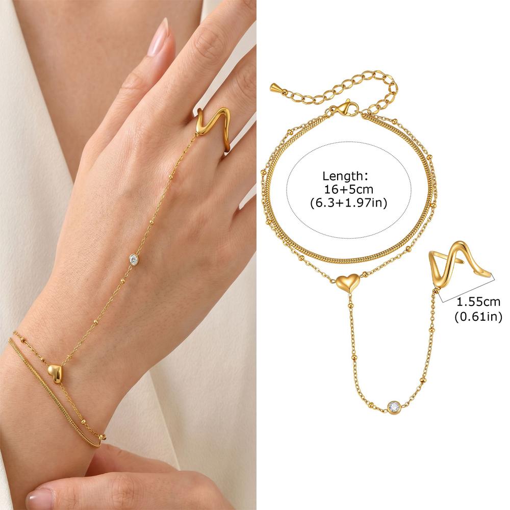 Luxury Minimalist Gold Plated Thin Chain Finger Ring Hand Chain Bracelets for Women, Party Elegant Stainless Steel Jewelry