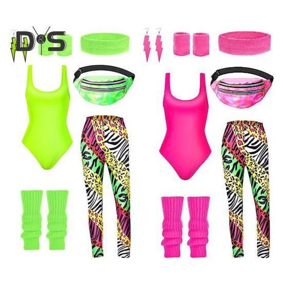 7 Teile/satz Frauen Retro Trainingsanzug 1980er Jahre Sportswear Fitness Outfit Kostüm Zubehör mit Weste Leggings Stirnband Armbänder Beinwärmer Ohrringe Gürteltasche