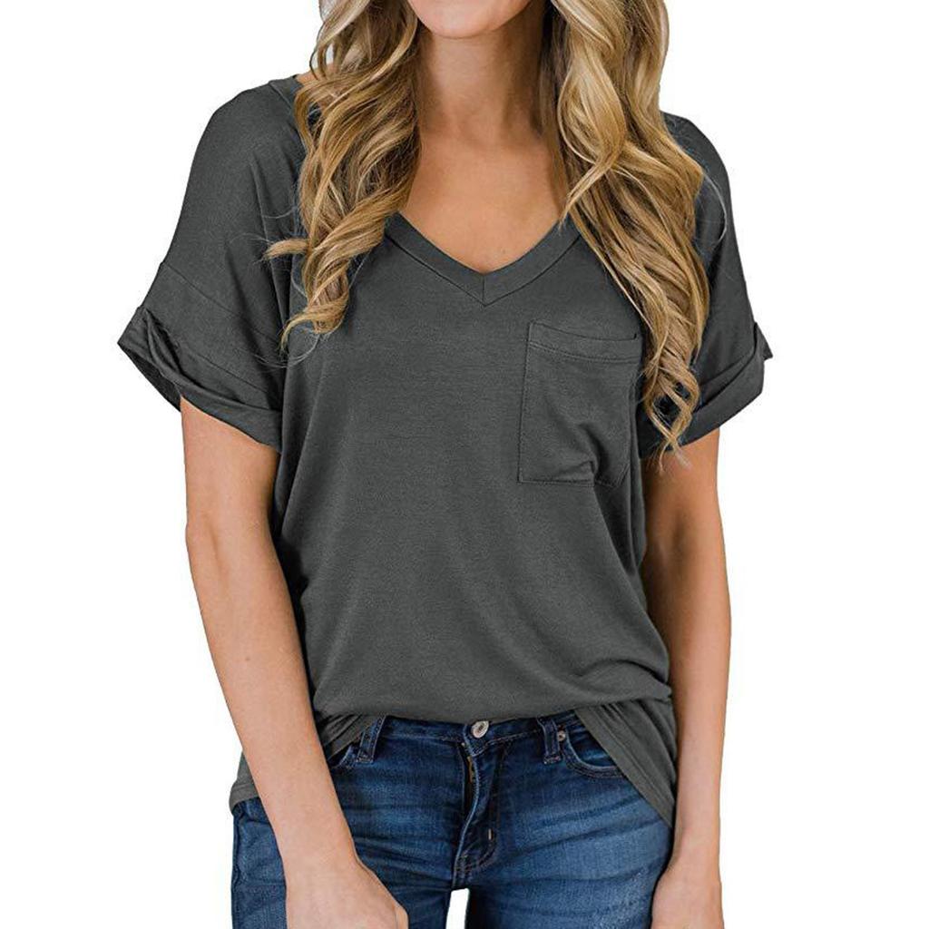 Women's Fashion Spring/summer V-neck Pocket T-shirt With Rolled Edge Short-sleeved Loose Top