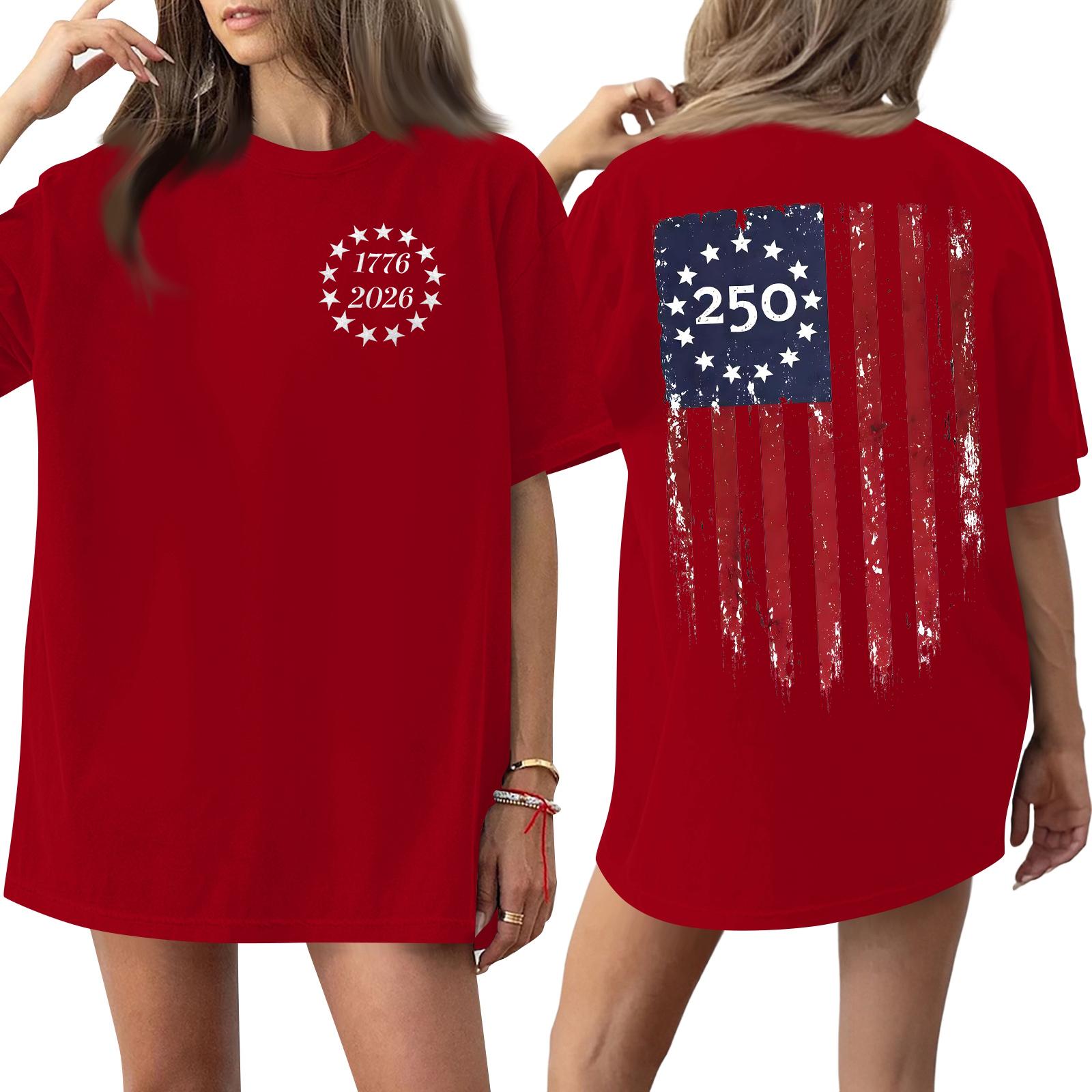 

Womens Short Sleeve Crew Neck Loose Fit T Shirt with 1776 2026 Print and Distressed Flag Graphic Casual Top XXXL червоний