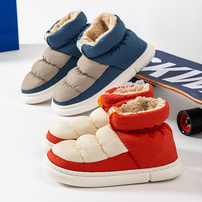 Fall/Winter Mid-Calf Down-Filled Cotton Boots Color-Blocking Couple's Style Outerwear for Men and Women Warm Fleece Lining Thickened Design