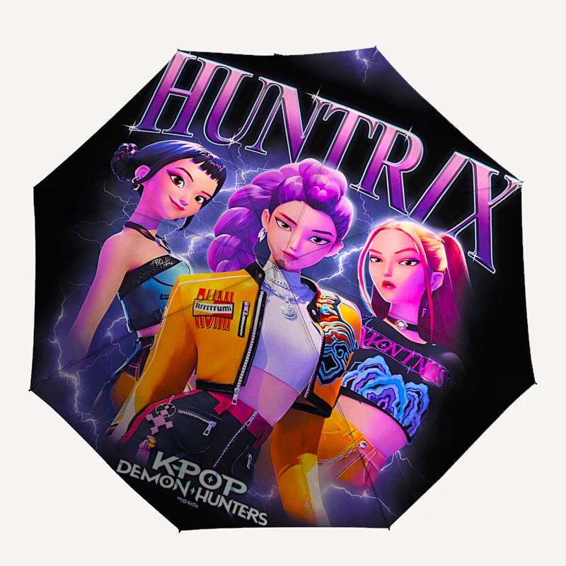 1pz Huntrix KPOP Demon Hunters Ombrello Pieghevole ad Apertura Automatica con Telaio in Ferro a 8 Stecche, Design Portatile per Uso Esterno, Regalo Ideale per Fan e Tra