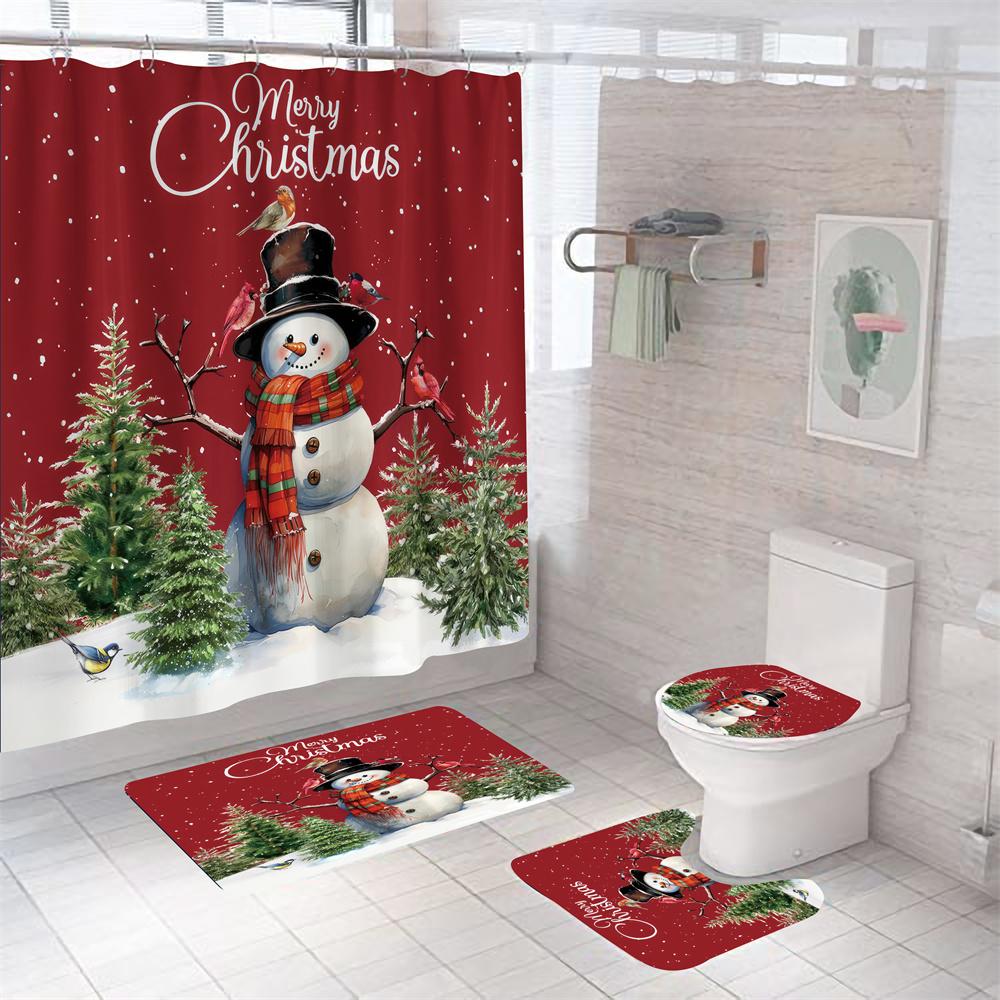 4pcs Merry Christmas Shower Curtain Polyester Shower Curtain Pedestal Rug Set Bathroom Decor Waterproof Curtain