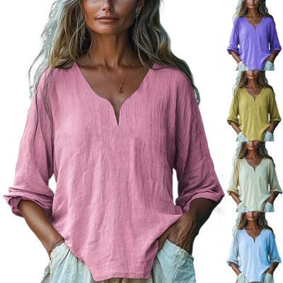 Women's Casual, Loose And Fashionable Cotton And Linen Long-sleeved V-neck Solid-color Top