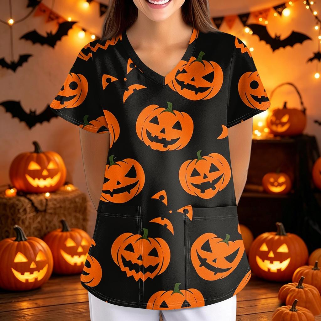 Women V Neck Short Sleeve Scrub Top with Halloween Print Loose Fit Nursing Uniform with Pockets for Healthcare Work