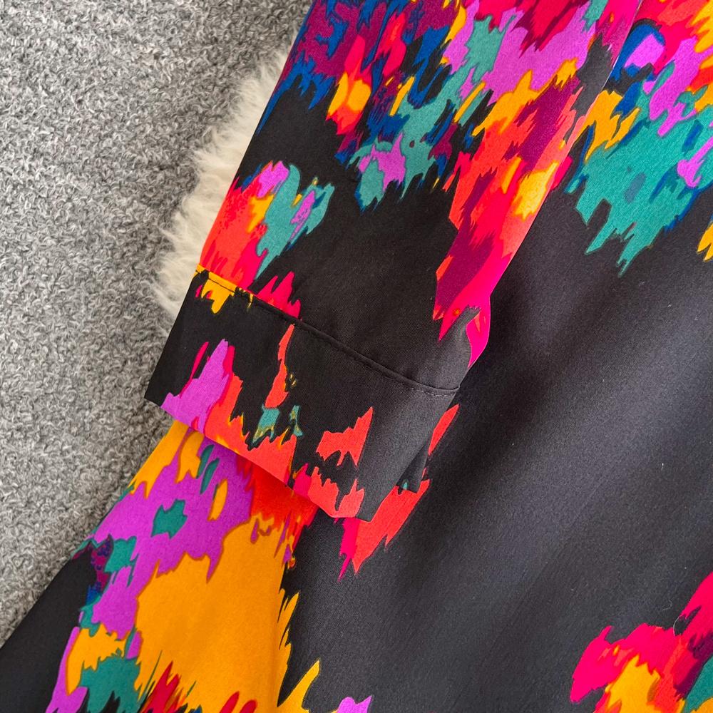 Nowa jesienna moda damska sukienka z kwiatowym nadrukiem skręcić w dół kołnierz z długim rękawem jednorzędowa linia w stylu vintage Midi sukienki imprezowe