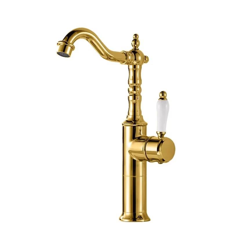 TLXT Retro Rotatable Bathroom Sink Faucet, Tall Titanium Gold