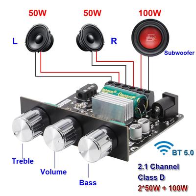 Placă amplificator subwoofer Bluetooth 2*50W+100W Clasa D 2.1 Canale Home Theater Audio Stereo Egalizator Aplicație AUX Amplificator
