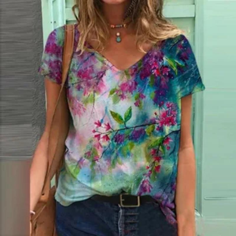Summer V-neck 3D Ink Painting Flower Patterns Printed Top Fashionable Casual Short Sleeved Women's T-shirts