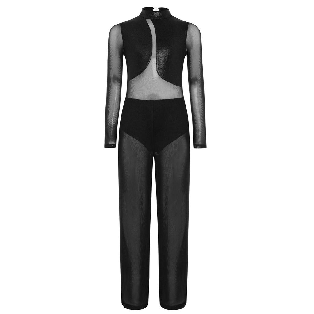 Girls Gymnastics Performance Costume Sheer Mesh Patchwork Wide Leg Metallic Long Sleeve Jumpsuit