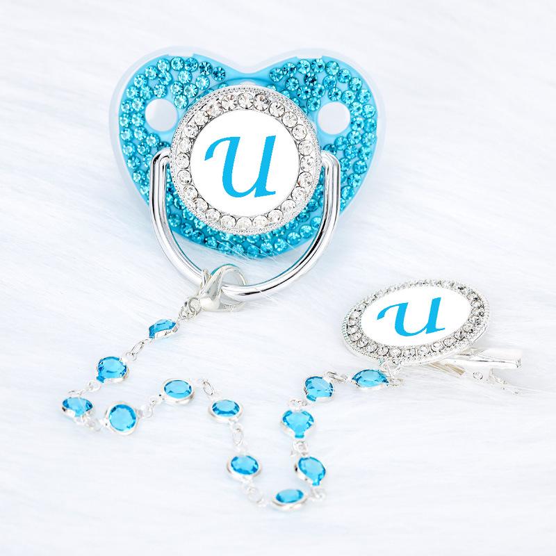 Lake Blue Rhinestone Baby Pacifier with Beaded Chain Clip