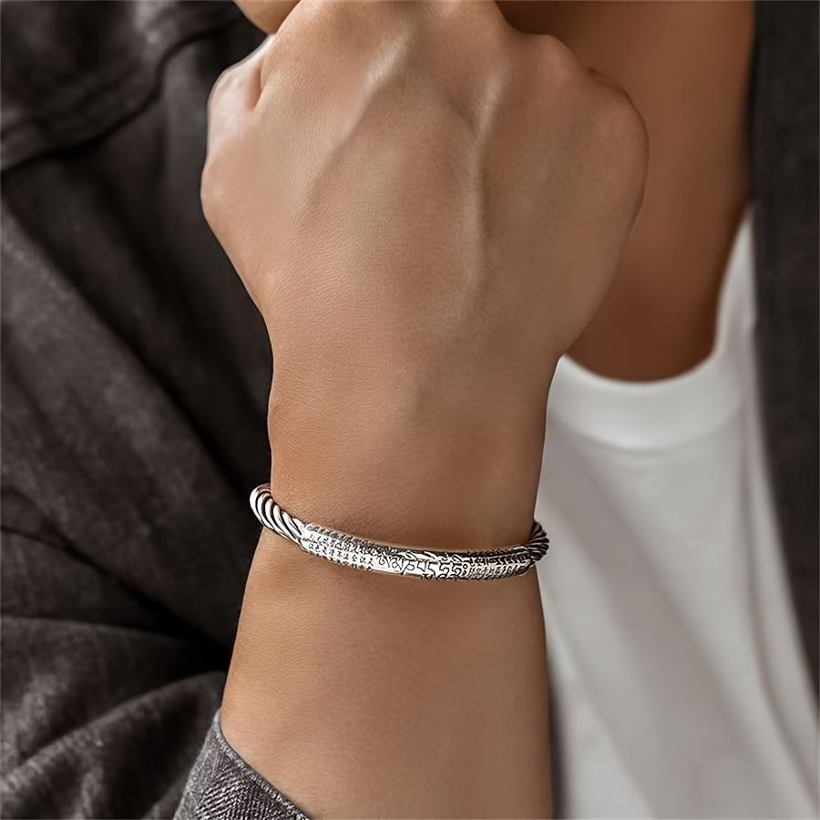Vintage Six-Character Mantra Alloy Bracelet for Men, Personalized Heart Sutra Open Bangle, Twisted Wire Men's Bracelet