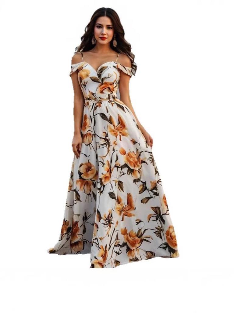 Elegantes florales lässiges langes Kleid mit V-Ausschnitt für Damen