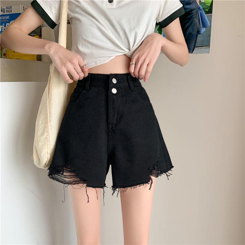 Женские летние джинсовые шорты с необработанным краем и высокой посадкой 2021 - Прилегающие, Свободные, Широкие штанины, Ультракороткие, А-силуэт, Тренд XXL