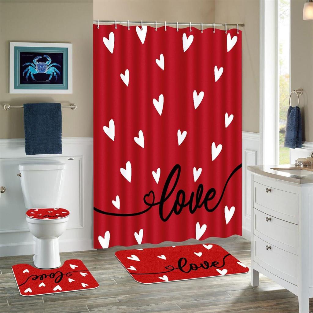 4-piece Valentine's Day Shower Curtain Bathroom Set - Red Love Carpet Toilet Seat Cushion, Absorbent Shower Pad