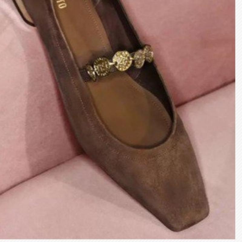 Fashion Arden Furtado 2025 Sheep Suede Word-cingulate Mary Jane Shoes Square-head Low Heel Metal Chain Single Shoe  Flat Shoes