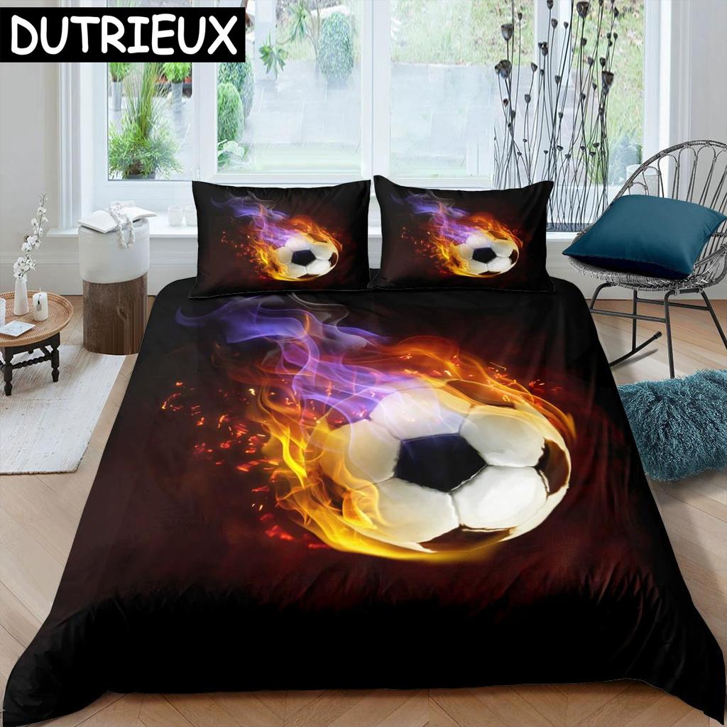 Soccer Duvet Cover Set King Queen Full Size Football Pattern Polyester Comforter Cover For Boys Teens Soccer Lover Bedding Set