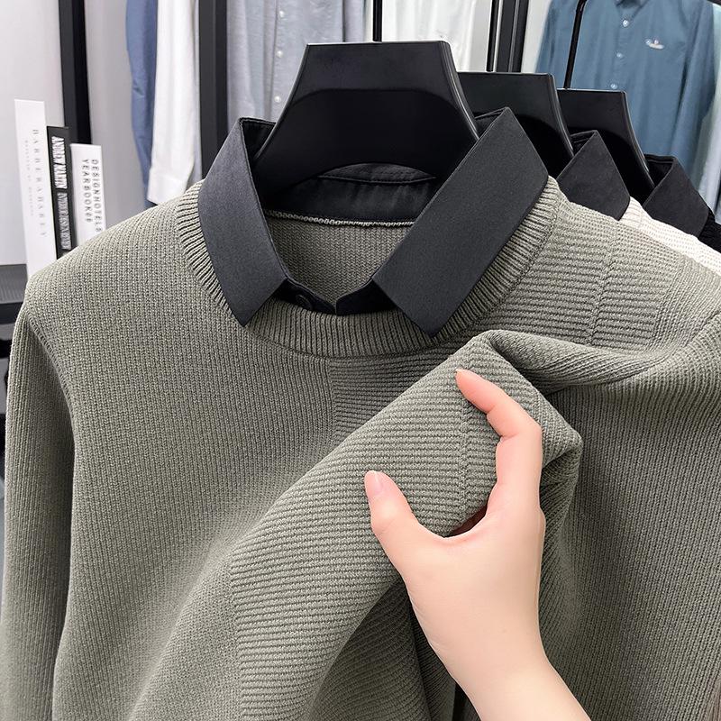 

Men s Two-in-One Thick Knit Shirt Collar Sweater 3XL зелений/сірий колір