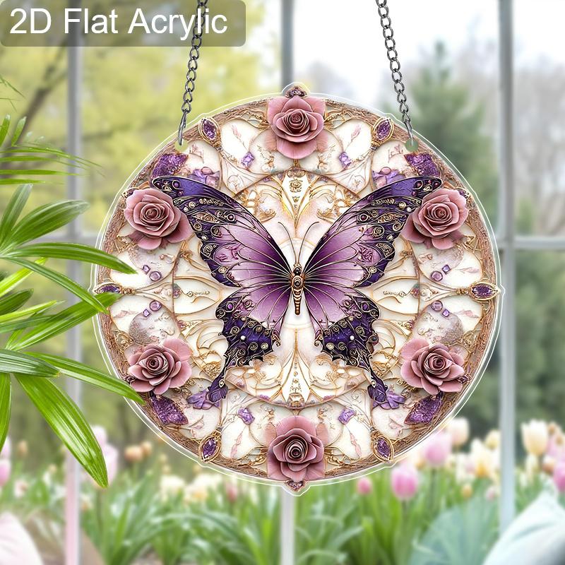 Acrylic Purple Butterfly with Pink Roses Suncatcher Stained Glass Effect Window Hanging Ornament Flower Lover Gifts