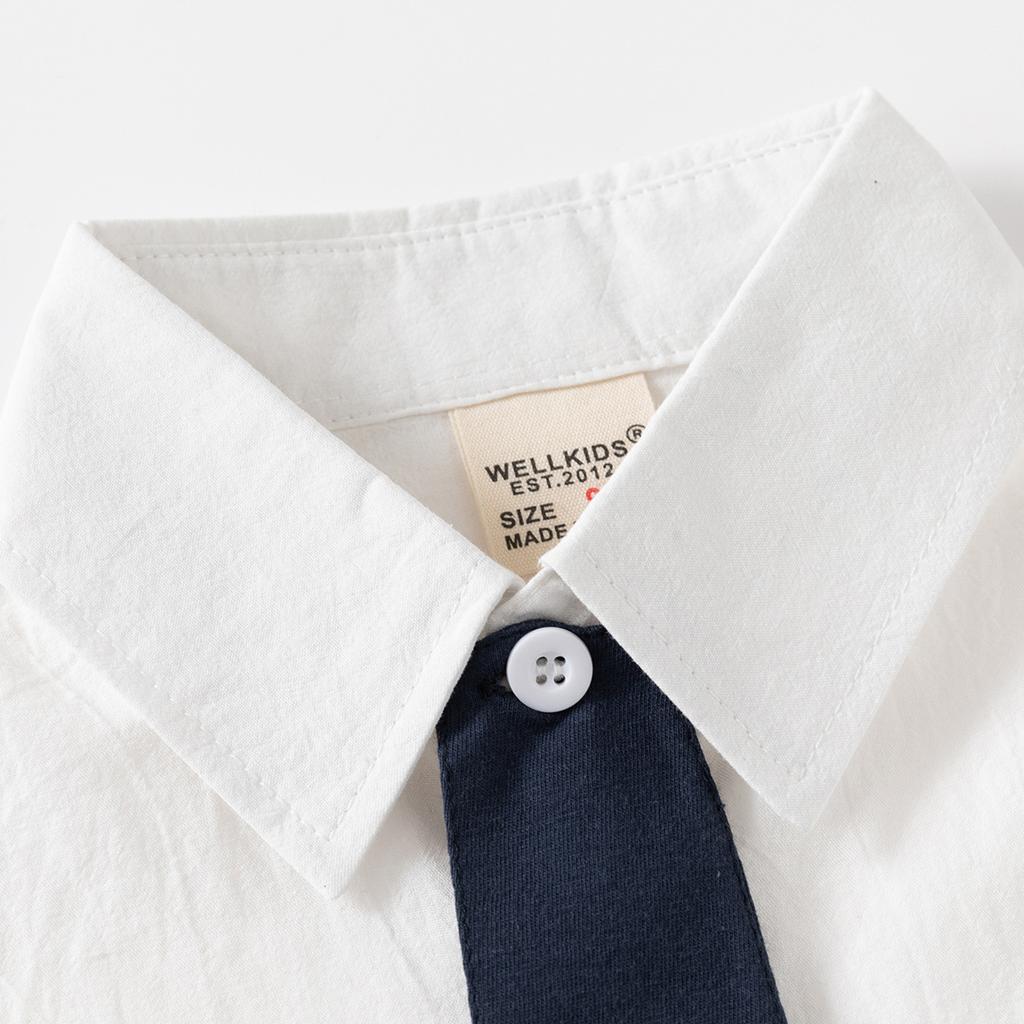 Boys Short Sleeve Dress Shirt Tie Embroidery Casual Button Down Top for Kids