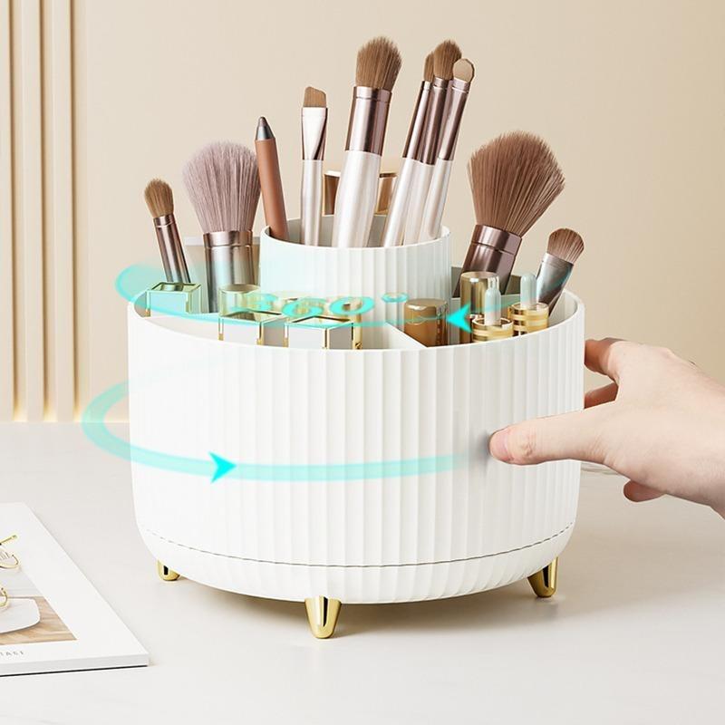 360° Rotating Makeup Organizer Cosmetic Storage with 5 Compartments Multi-Functional Holder for Brushes Stationery Unscented with Luxury Stripe Design