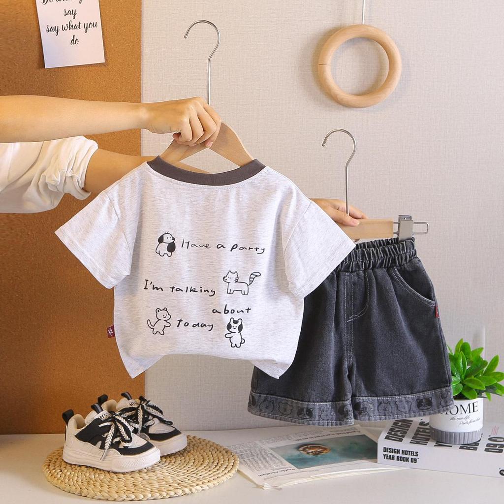 2026 Summer Children's Cartoon Patch Cuffed Denim Two-Piece Set