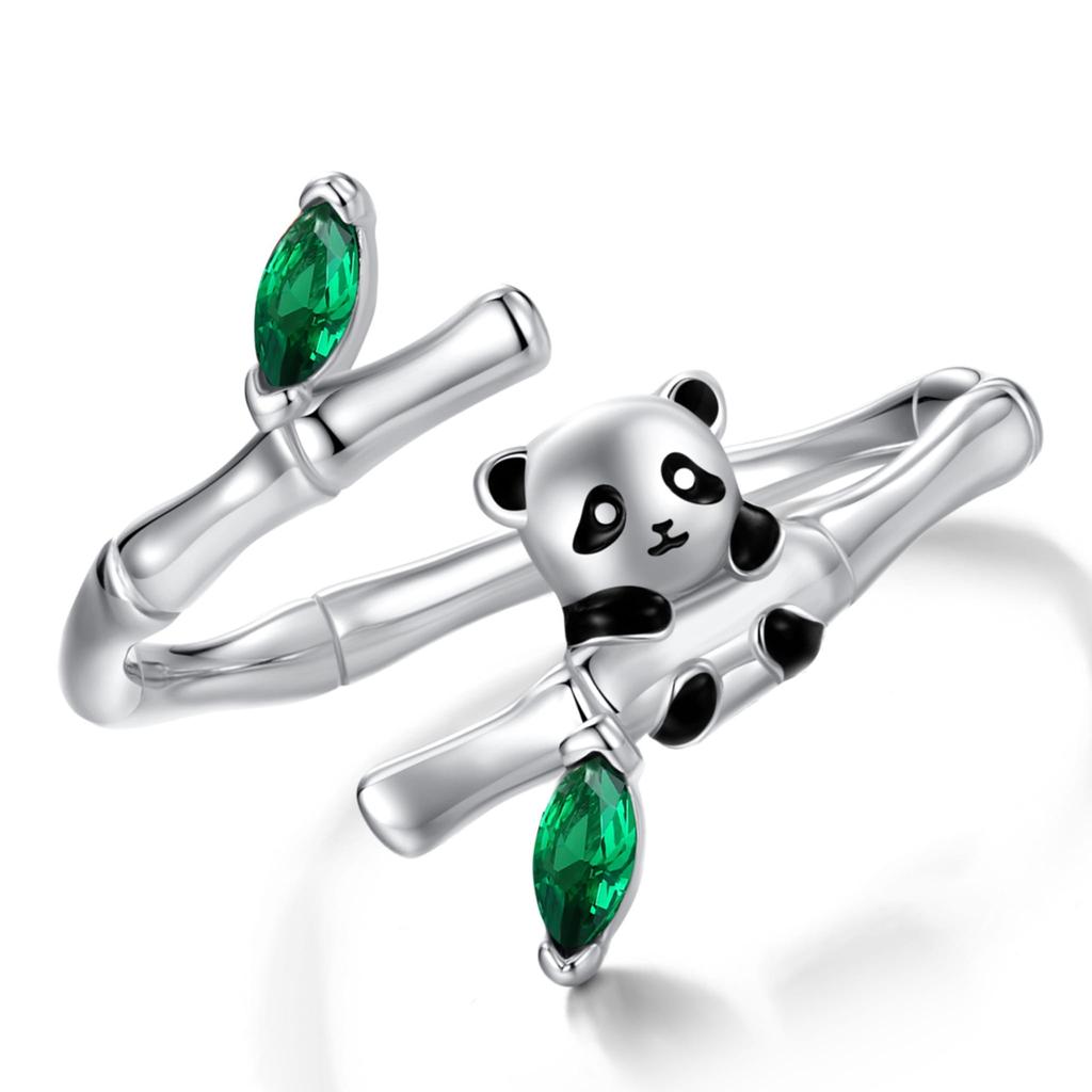 Silver adjustable panda ring on bamboo, silver 925