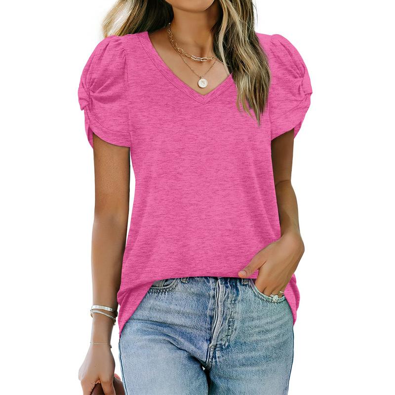 Ladies Summer Knot Short Sleeve V Neck Solid Color Pullover T Shirt Top