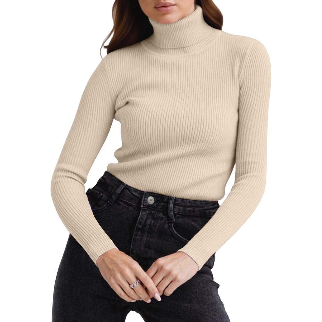 Women's Fashion High Neck Slim T-Shirt Long Sleeve Pullover Solid Colour Top