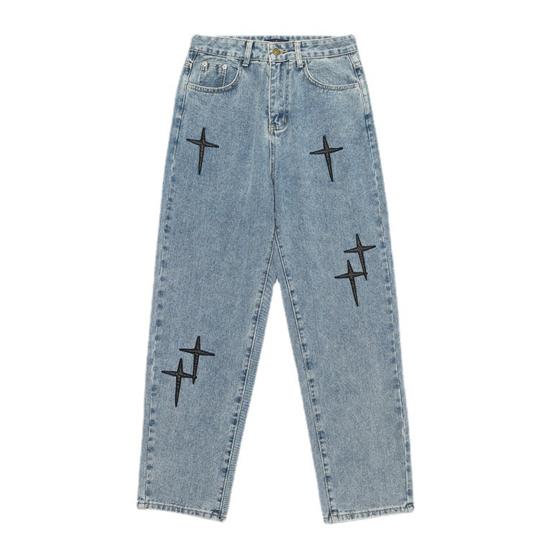 

Spring Autumn Denim Pants Star Pattern Solid Color Zipper Fly Wide Leg Loose Jeans Streetwear L синий