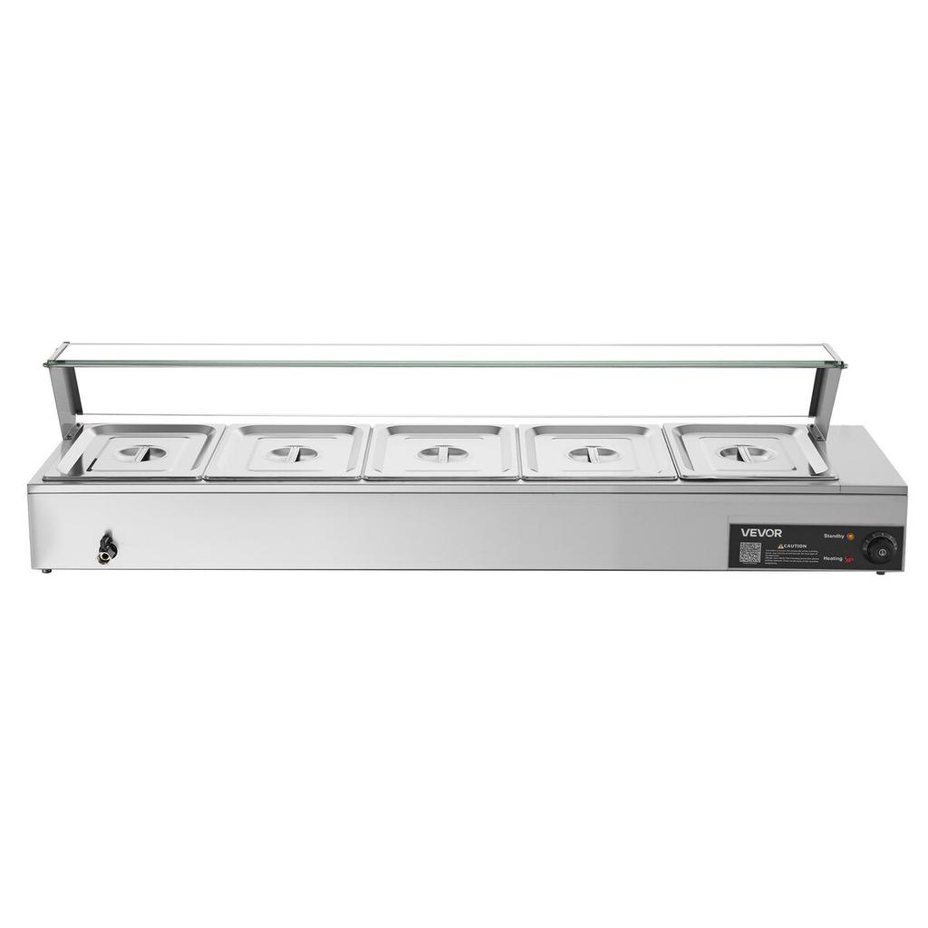 Commercial Food Warmer, 1500W Electric Stainless Steel Steam Food Warmer with Glass Cover, Countertop Buffet Bain Marie with Five 1/2 Size Food Pans,