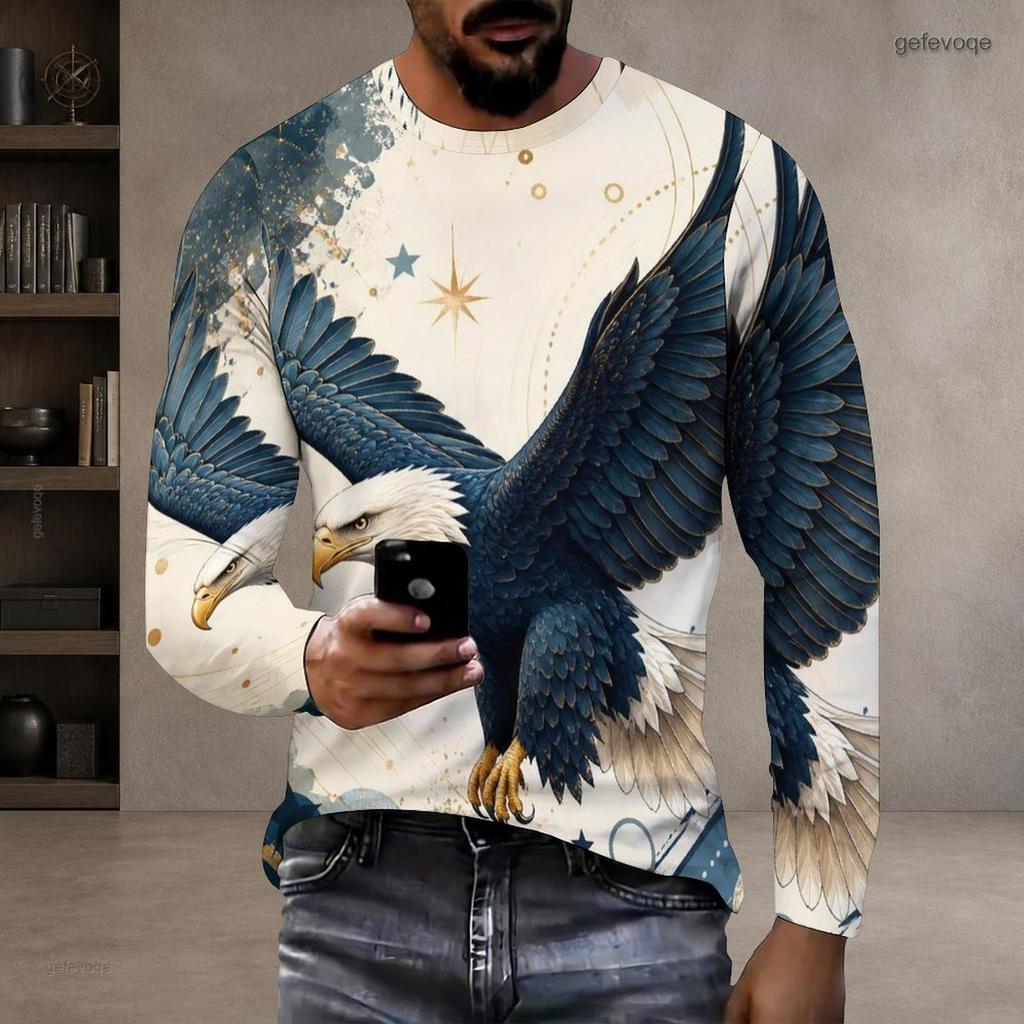 Men Plus Size Round Neck Long Sleeve T Shirt American Eagle Flag Printed Red Blue White Pullover