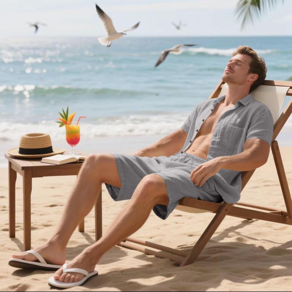 Men's Summer Linen Short-Sleeve Shirt & Shorts Set - Casual Loose Fit, Cotton-Linen Fabric.