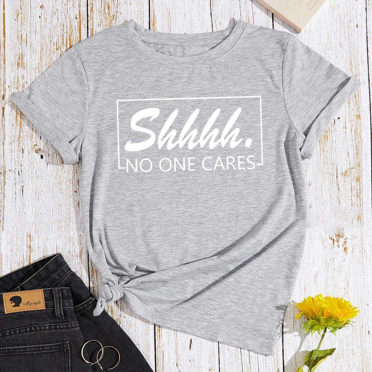 

No One Cares Cotton T-Shirt Short Sleeve Round Neck Women 2d Print Tops S светло-серый