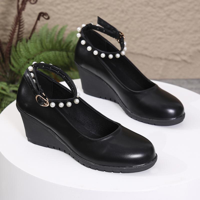Elegant Ladies Pearl Ankle Strap Wedge Shoes for Women Autumn 2025 Black Pu Leather Office Pumps Woman Comfort Soft Mary Janes