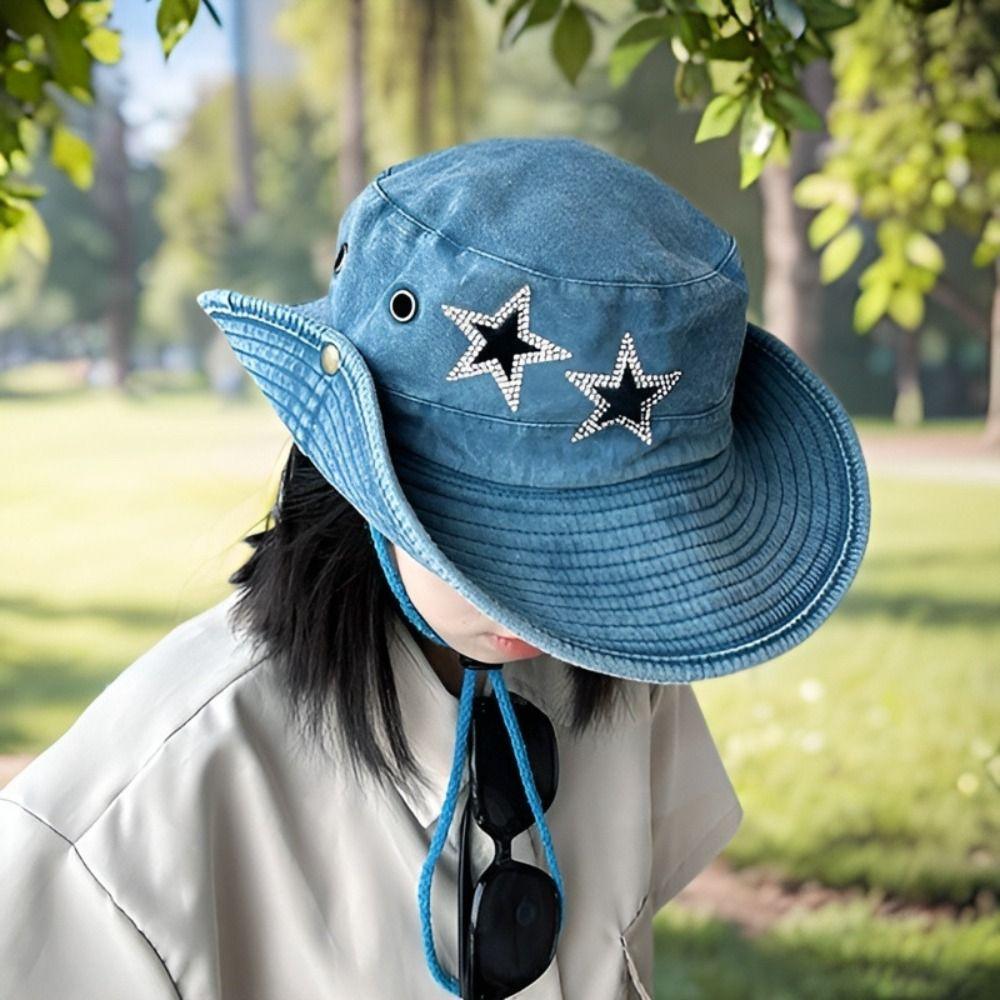 

Sunscreen Star Denim Bucket Hat Wide Brim Western Cowboy Hat Famale Summer Sun Hat Fishing синій
