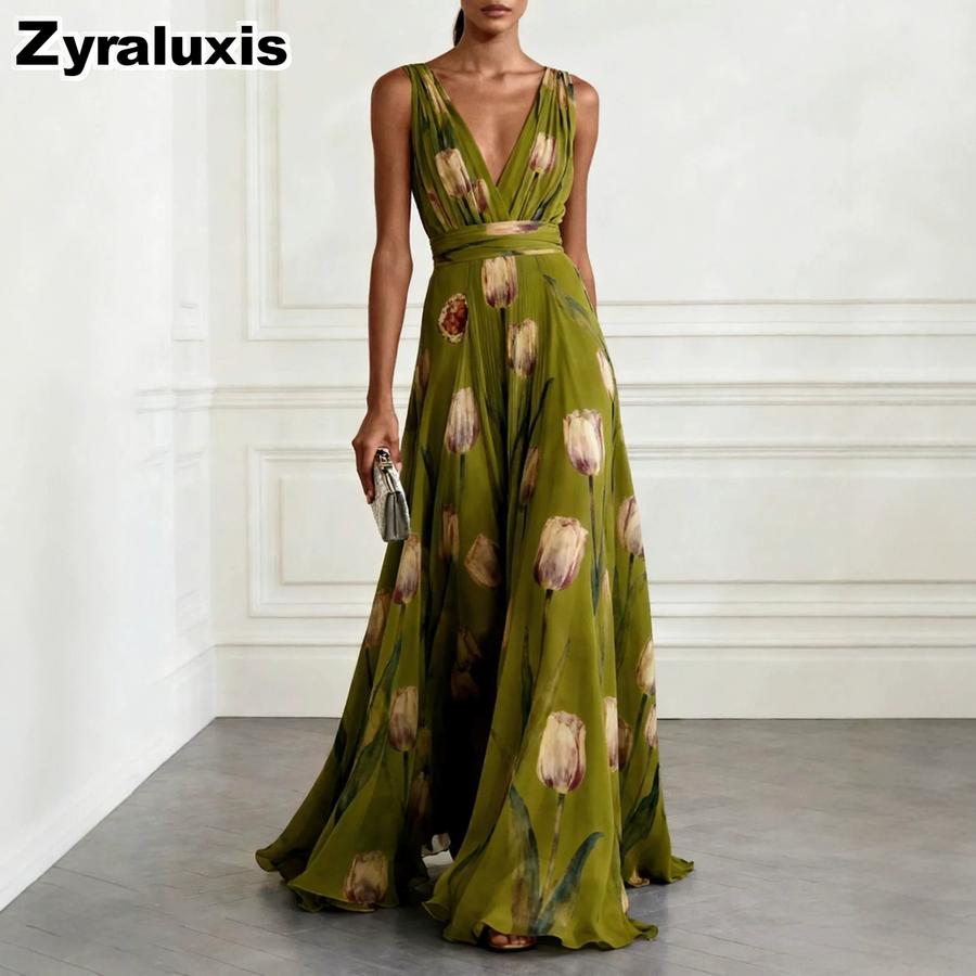 New Peony Floral Evening Gown for Women, Sleeveless V-Neck Maxi Dress