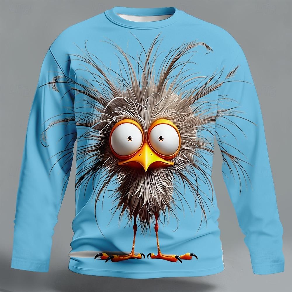 Men's 3D Chick Messy Hair Cat T Shirt Long Sleeve T Shirt 3D Print Crew Neck Shirt Fashion Basic Street Casual Daily Clothing