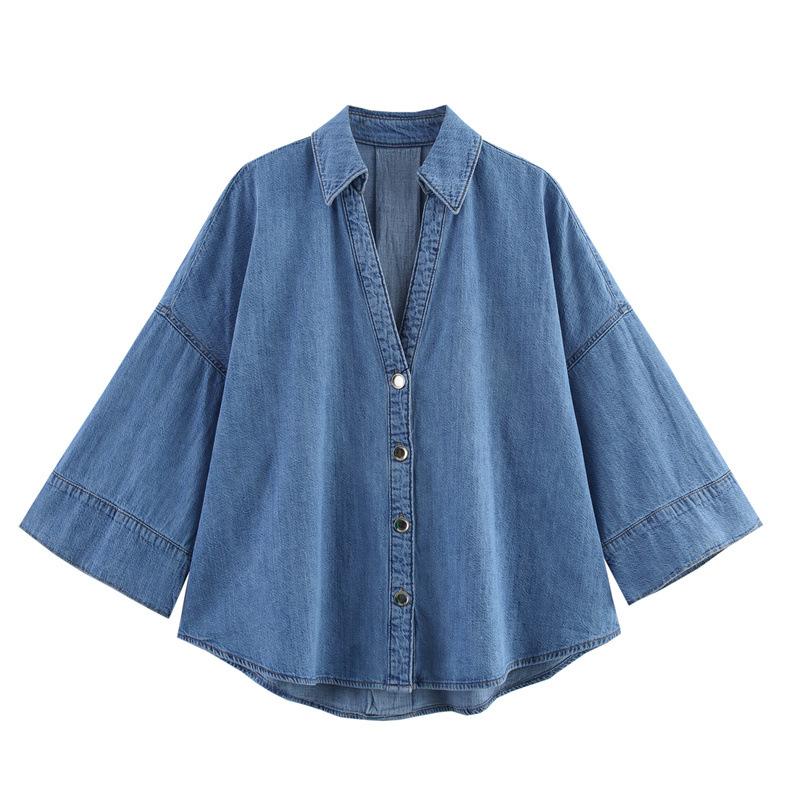 Women's Loose Fit Long Sleeve Denim Shirt Button Down Top and High Waist Wide Leg Jeans Two Piece Set
