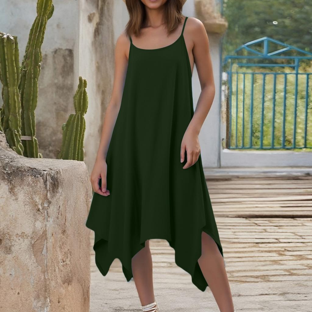 Women's Summer Casual Solid Color Round Neck Adjustable Suspender Dress With Pockets
