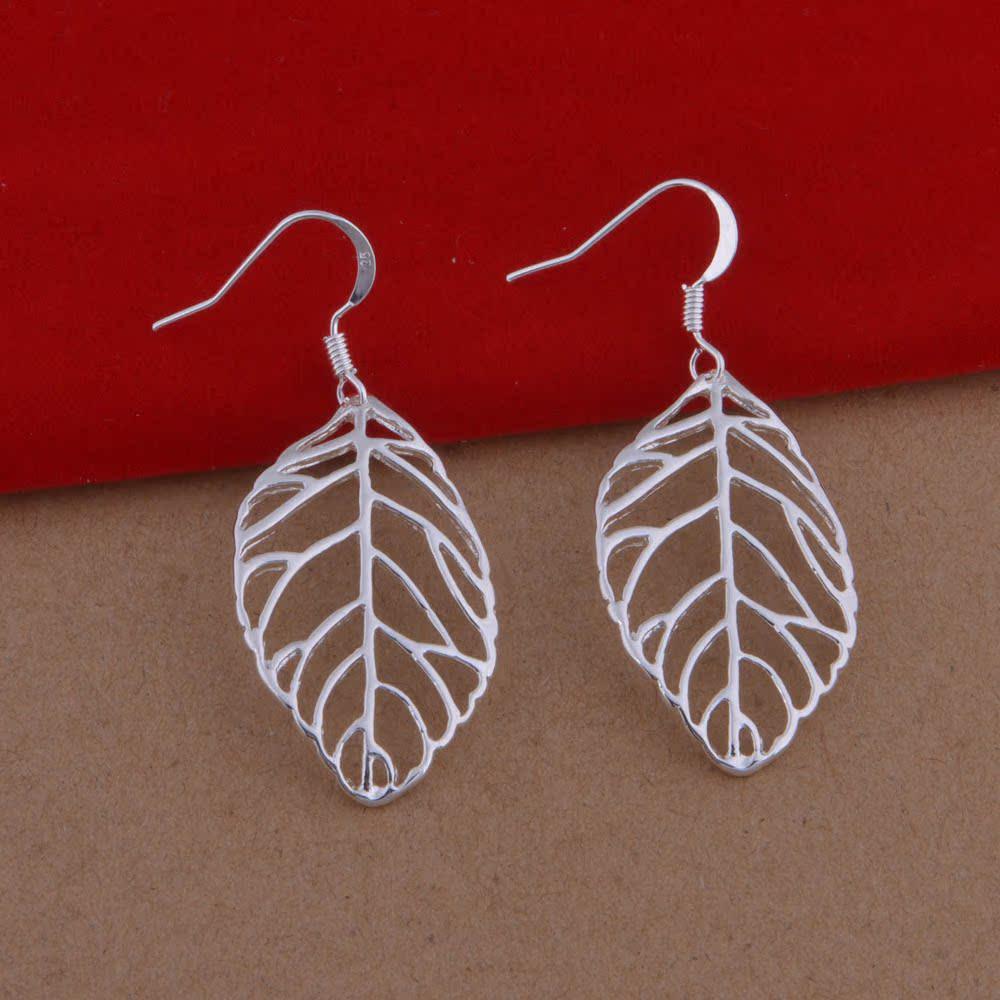925 Sterling Silver Plated Hollow Leaf Earrings - Korean Style