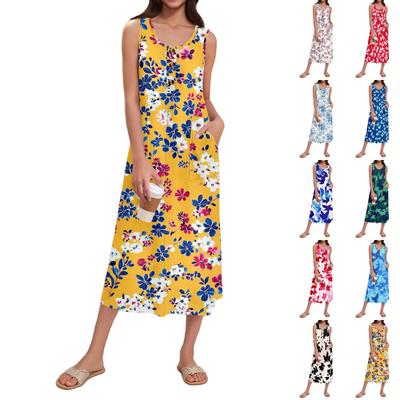 Women's Summer Casual Fashion Floral Print Sleeveless Button Casual Long Dress