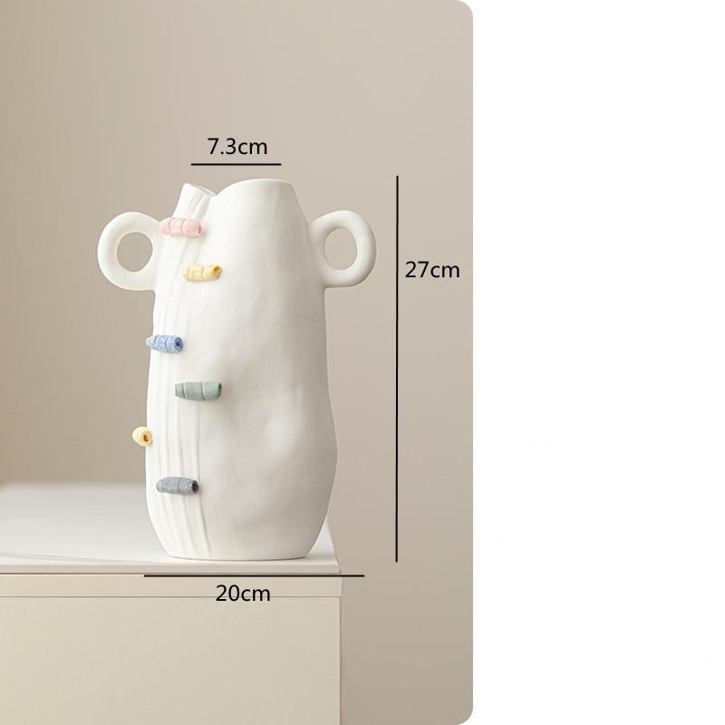 Handmade Ball Block White Double Ear Ceramic Vase, Living Room Flower Arrangement, Home Decoration, Irregular Flower Vase